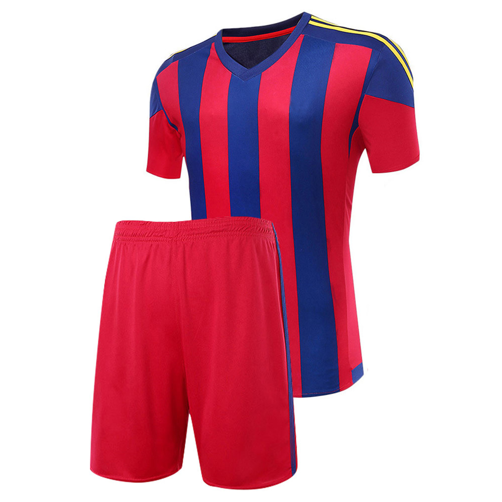 Custom Sublimated Football Soccer Uniform Kit Men's red and blue vertical striped football soccer jersey and shorts set for bulk B2B manufacturing.