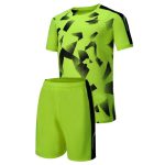 Men's neon green football soccer kit with black geometric pattern and matching shorts for bulk B2B manufacturing.