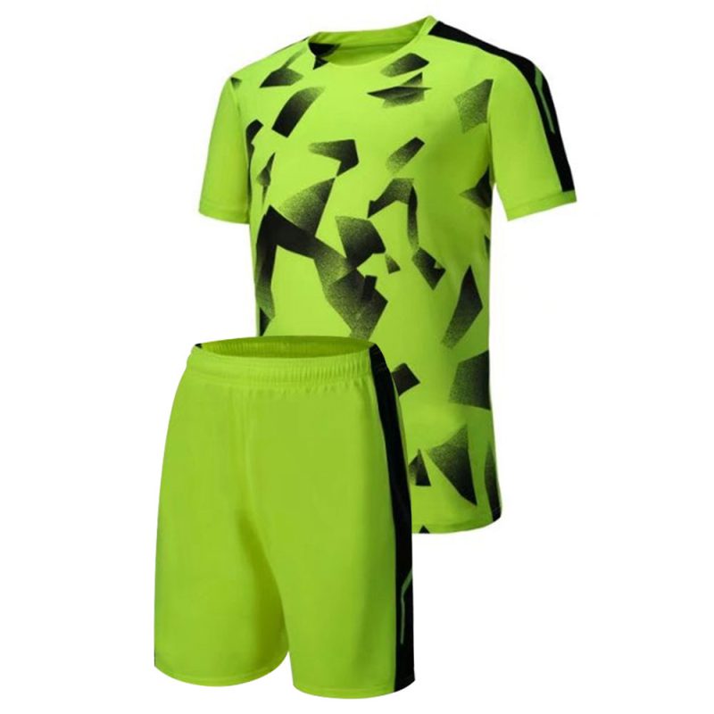 Men's neon green football soccer kit with black geometric pattern and matching shorts for bulk B2B manufacturing.