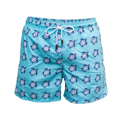 Men's light blue swim shorts with all-over white and navy turtle pattern for bulk B2B manufacturing.