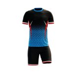 Custom volleyball uniform kit with black and blue sublimated jersey and matching shorts, designed for bulk OEM manufacturing and private label sports brands.