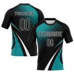 Custom sublimated volleyball jersey in black and teal with breathable mesh fabric for bulk private label manufacturing and sports teamwear suppliers.