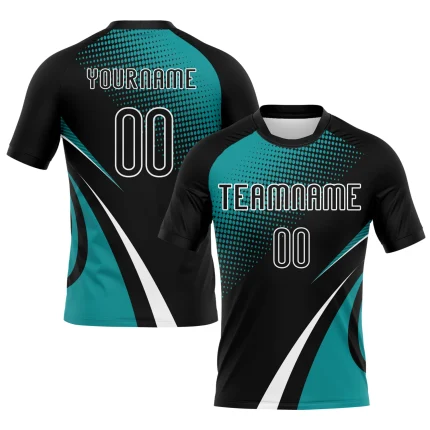 Custom sublimated volleyball jersey in black and teal with breathable mesh fabric for bulk private label manufacturing and sports teamwear suppliers.