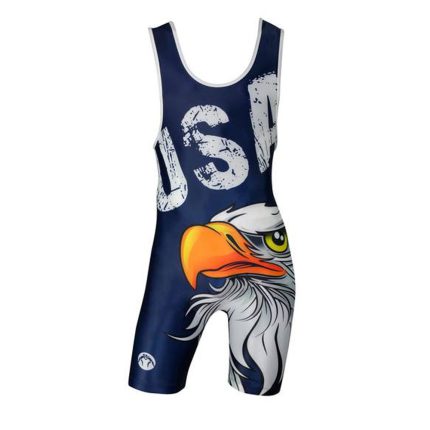 Custom navy blue wrestling singlet featuring a "USA" text graphic and eagle head sublimation print, optimized for bulk manufacturing and private label sports brands.