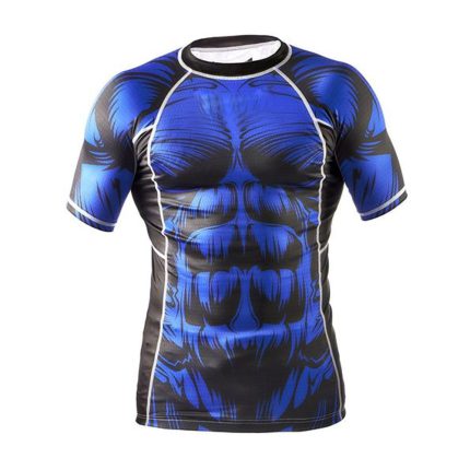 Men's short sleeve compression rash guard featuring a blue and black 3D muscle armor sublimation print, designed for bulk manufacturing and private label MMA or fitness brands.