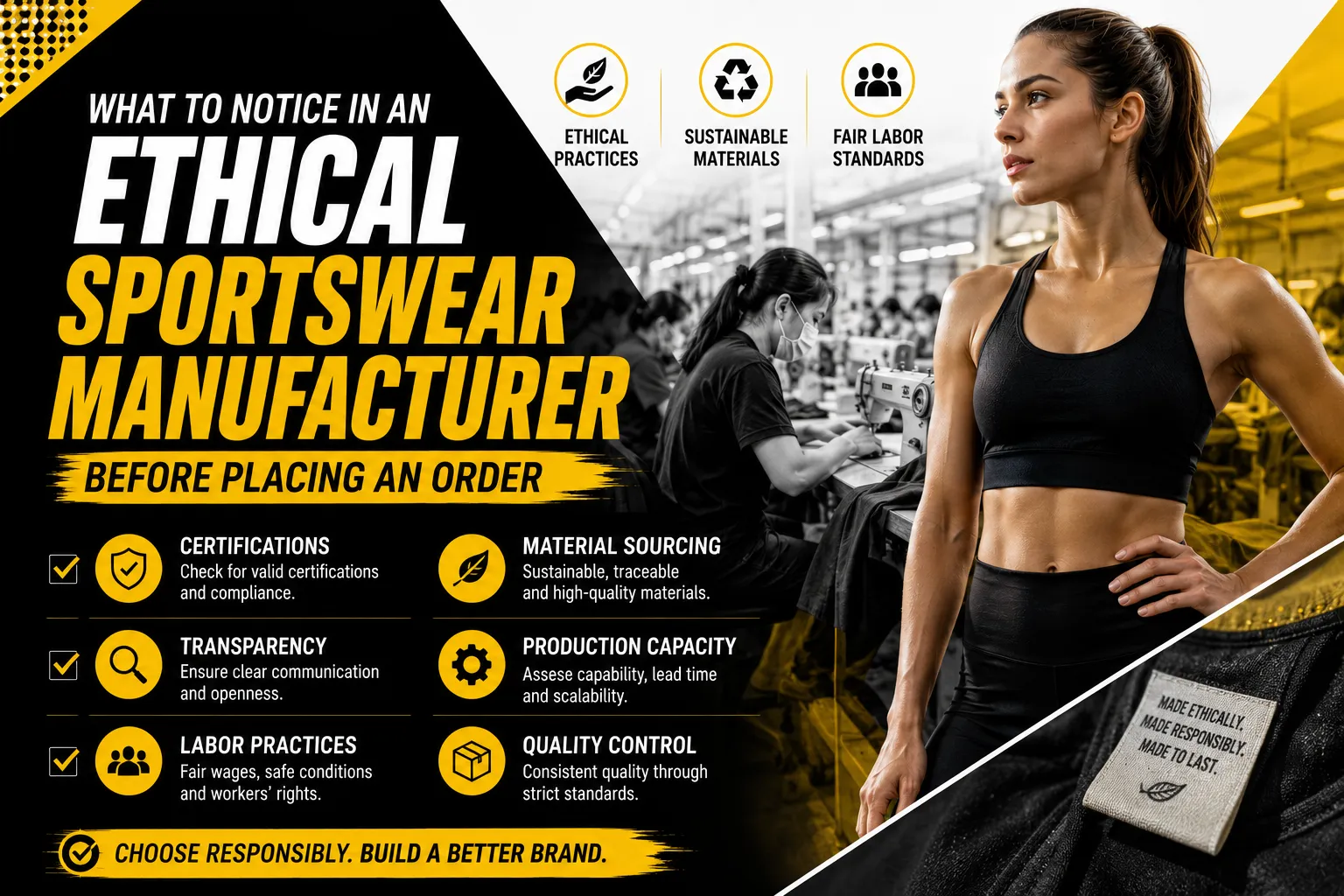 Infographic blog banner outlining checklists for choosing an ethical sportswear manufacturer, featuring garment workers and activewear.