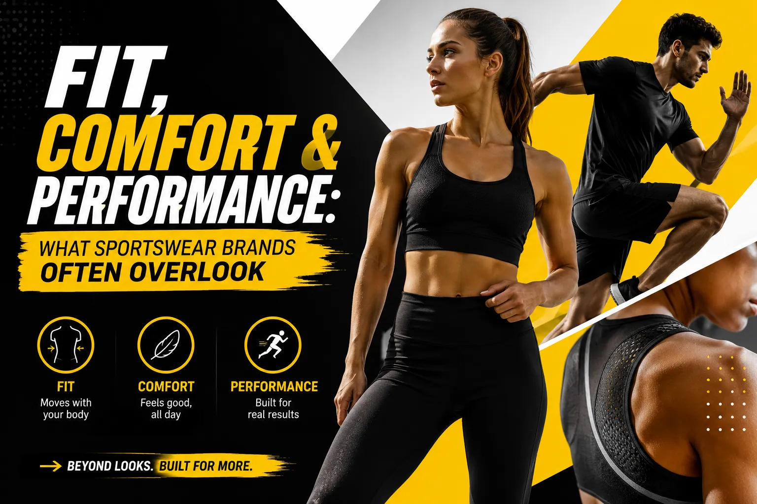 Blog banner about sportswear design flaws featuring models wearing premium black gymwear and athletic training apparel.