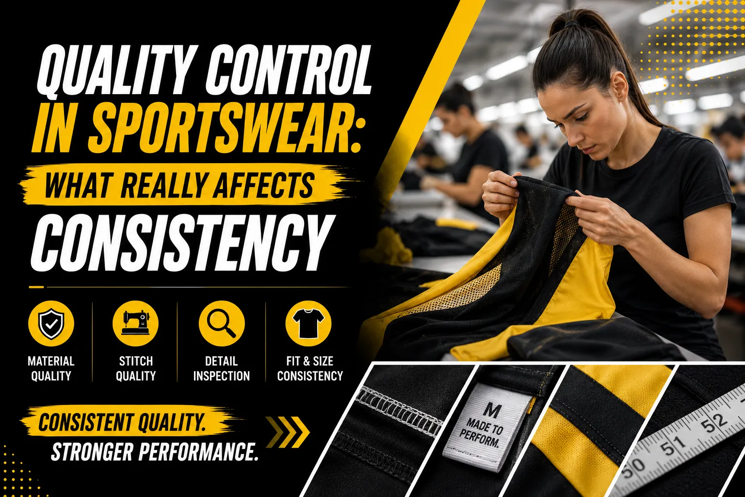 A quality assurance worker meticulously checking a custom athletic garment inside a sportswear manufacturing facility, focusing on seam integrity and batch consistency.
