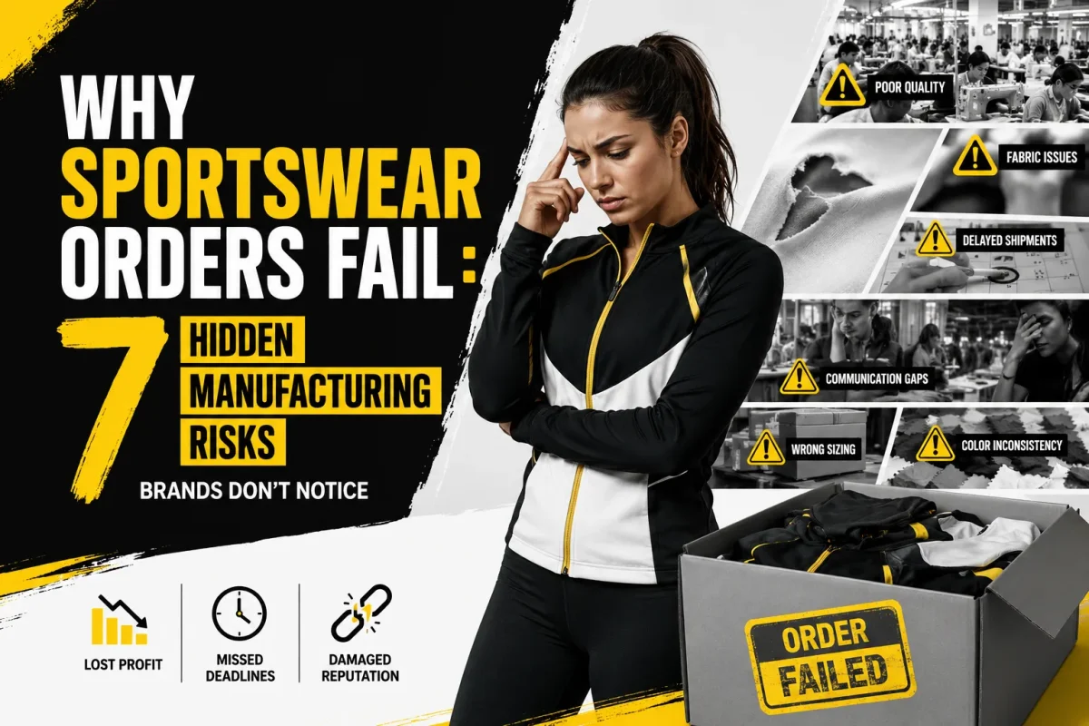 An educational B2B infographic banner detailing why sportswear orders fail, highlighting manufacturing risks like poor quality, fabric issues, delayed shipments, communication gaps, wrong sizing, and color inconsistency for private label brands.