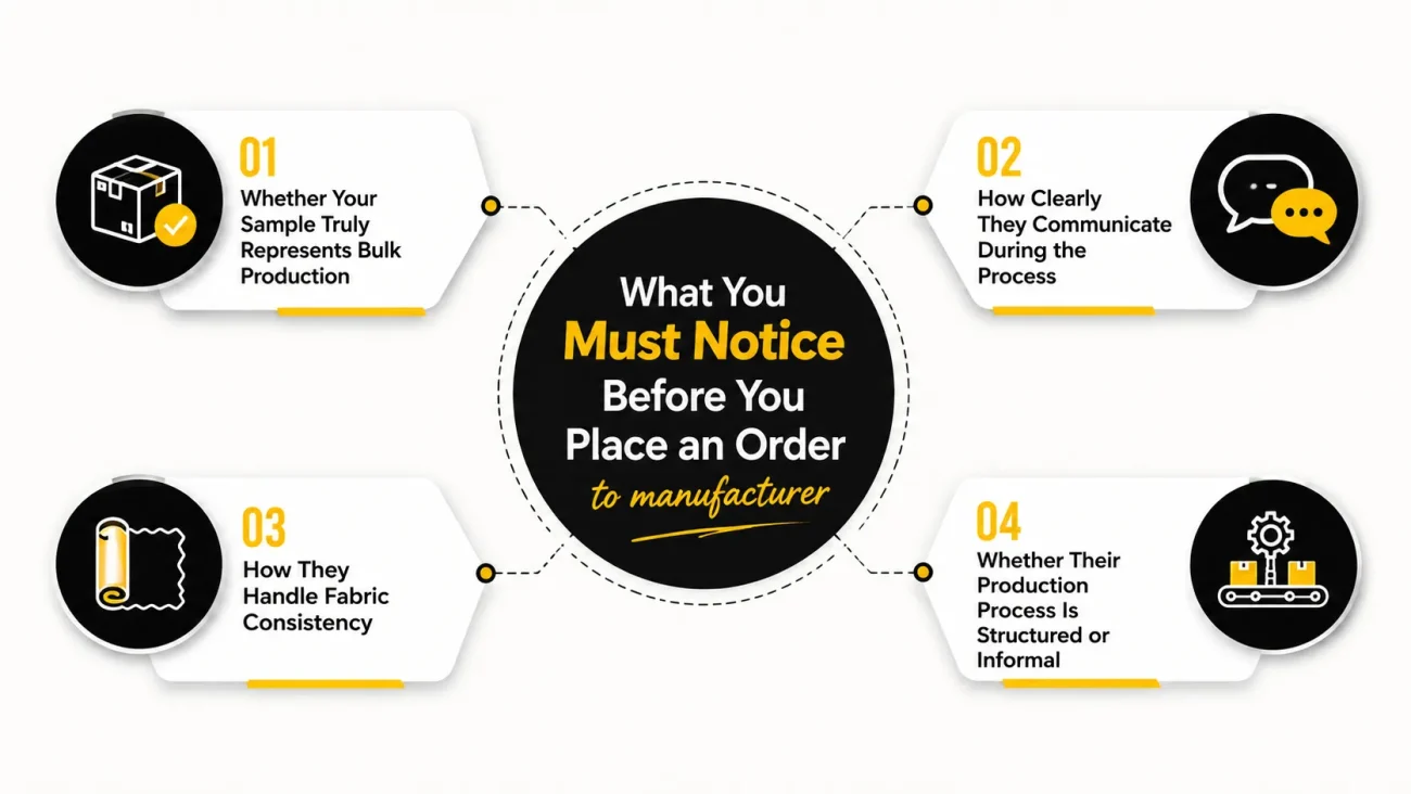Infographic showing four key factors to notice before placing an order with a manufacturer: sample accuracy, communication, fabric consistency, and production process structure.